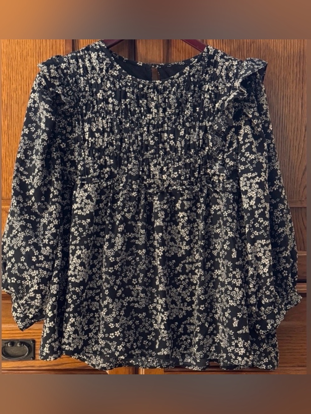 DownEast Ditsy Floral Ruffled Smocked Babydoll Blouse Boho Peasant Cottagecore